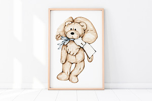 Newborn With Teddy Bear Watercolor