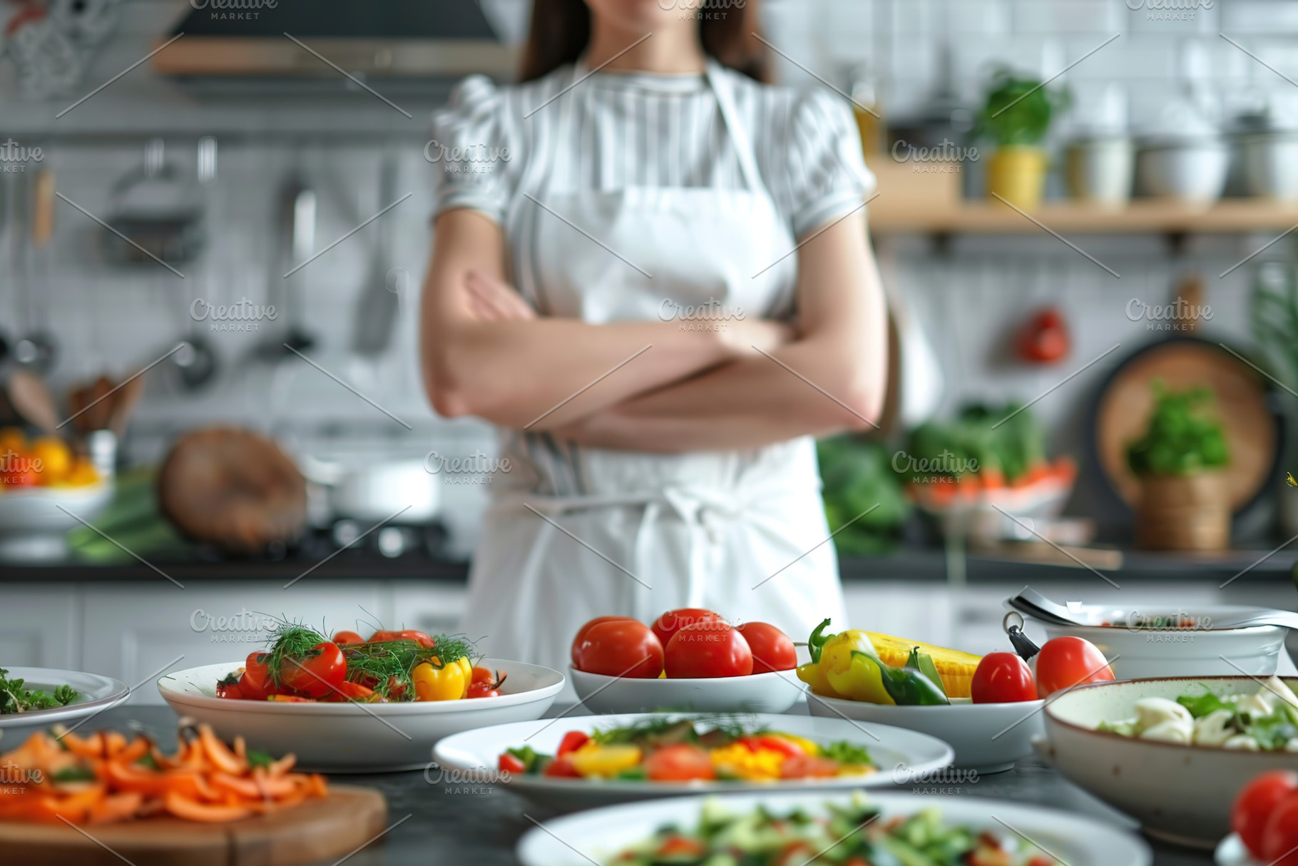 Female chef cooking vegan dishes in the kitchen, a Photo by AlyaAnd
