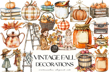 Vintage Fall Decorations Clipart, an Illustration by OK Design