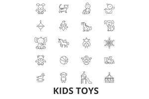 Kids Toys, Playing, Baby Toy, Children Toy, Kids Room, Teddy Bear, Yule, Pirate Line Icons. Editable Strokes. Flat Design Vector Illustration Symbol C