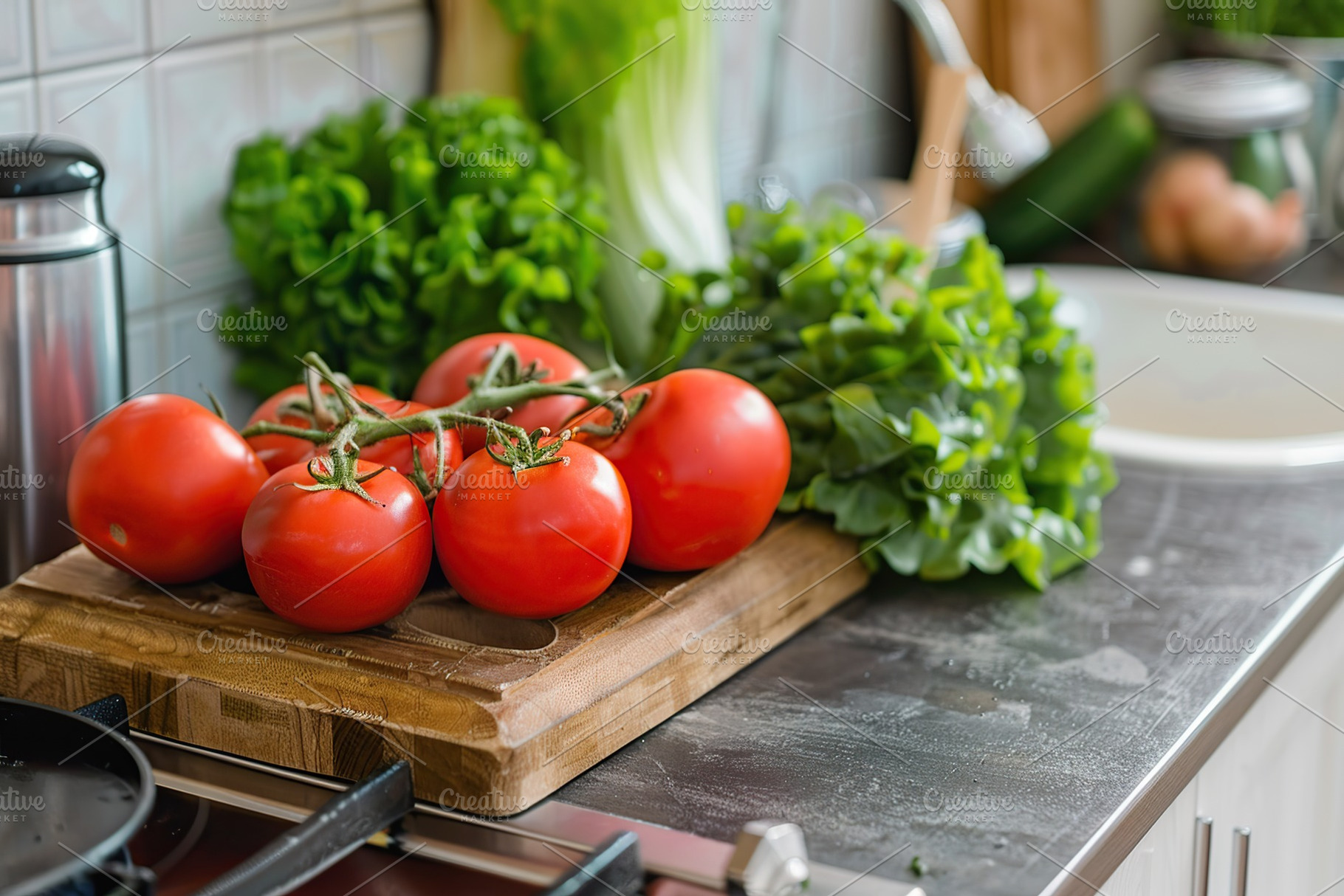 Fresh tomatoes and green lettuce on a kitchen table, a Food & Drink Photo by AlyaAnd