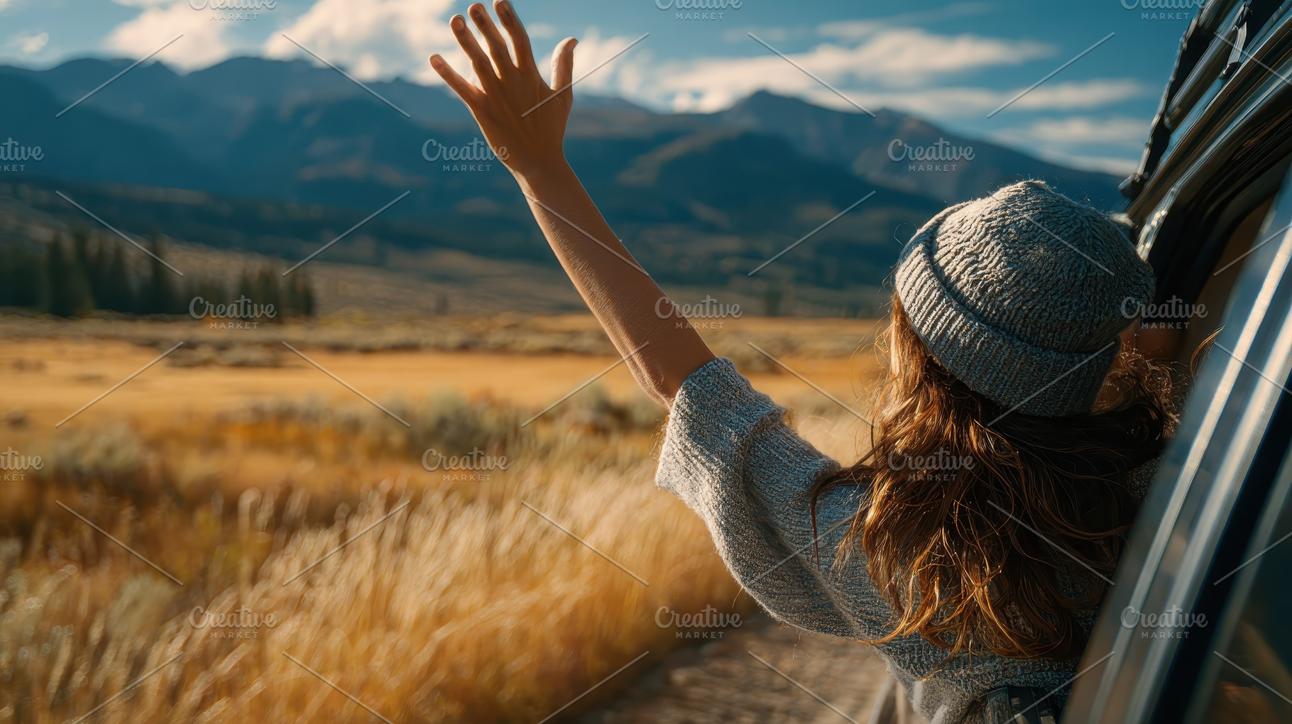 Woman in car waving at mountain land, a Photo by Pixeness Studio