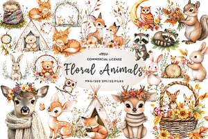Boho Woodland Baby Floral Animals, an Illustration by CreationArt