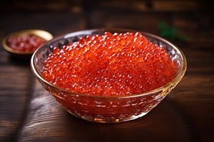 Fresh red caviar in bowl on wooden background, a Food & Drink Photo by AlyaAnd