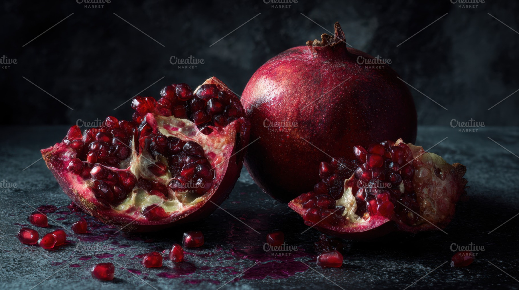 Pomegranate cut open on a table, a Photo by Beautiful things
