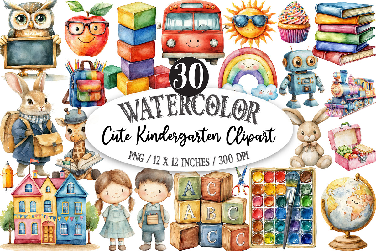 Cute Kindergarten Watercolor Clipart, an Illustration by Designking (Photo 1 of 5)