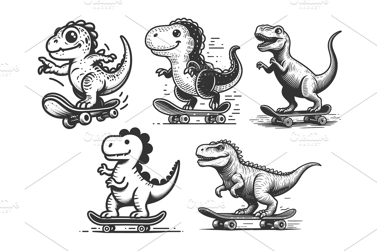 Skateboarding Dinosaurs set vector, an Animal Illustration by AlexArt
