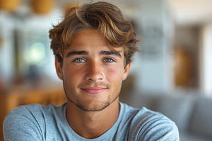 A handsome young Caucasian male with tousled hair and striking blue eyes sittin, a Person Photo by ImageMir
