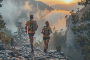 A male and female hiker enjoying a scenic sunset hike through the misty mountai, a Person Photo by ImageMir