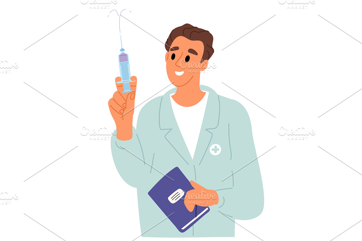 Male doctor holding medical syringe, a Healthcare Illustration by Vectorbuum
