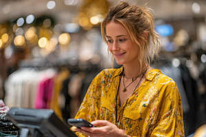 Young woman using a payment terminal, a Photo by Pixeness Studio