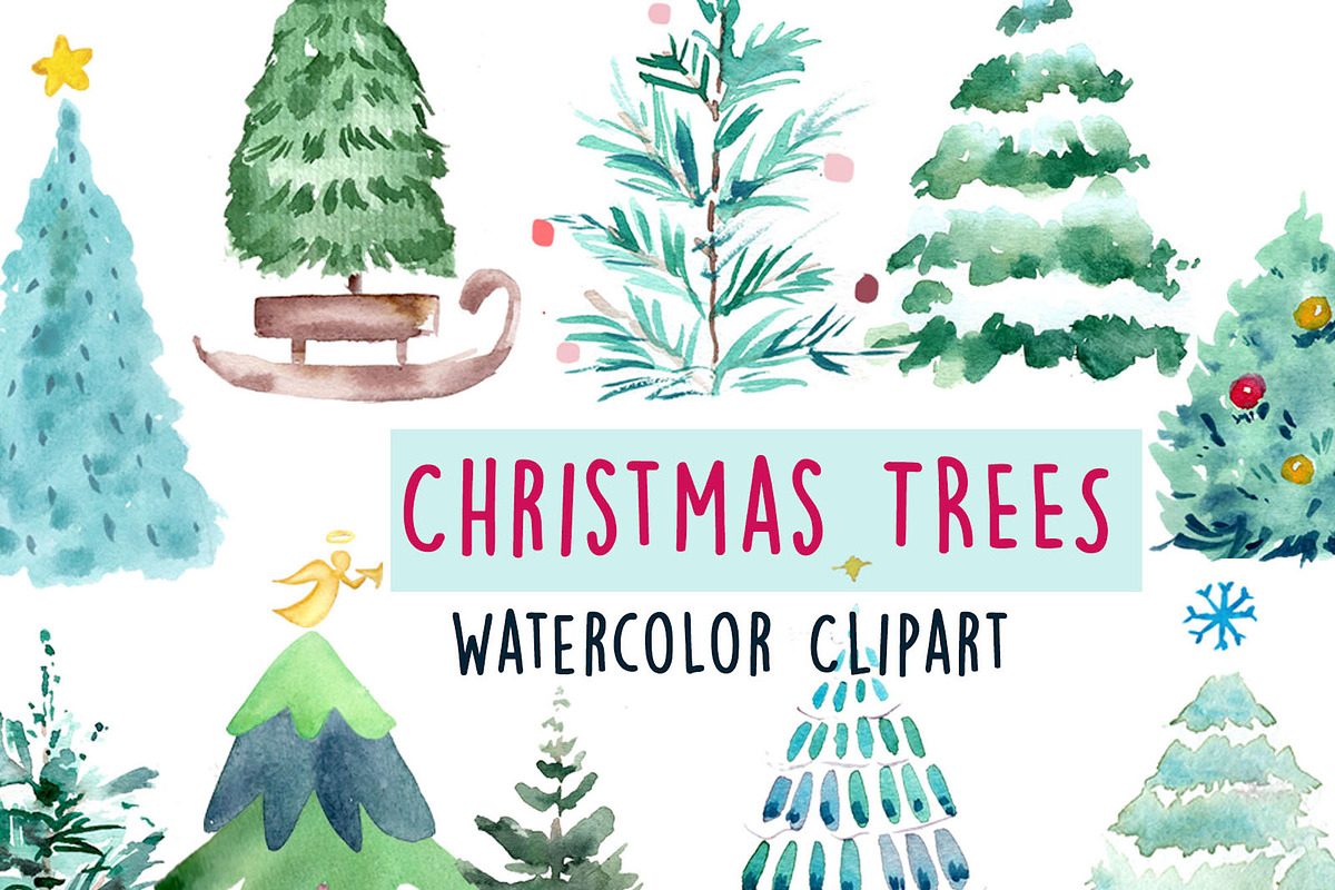 Watercolor Christmas Trees - Clipart, an Illustration by Inksnthings (Photo 1 of 4)