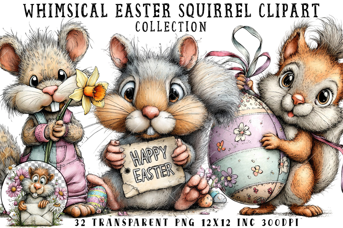 Whimsical Easter Squirrel Clipart, an Illustration by OK Design (Photo 1 of 6)