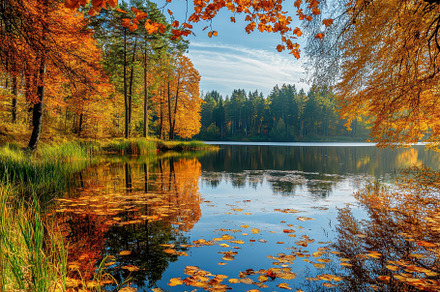 Autumn landscape with vibrant fall, a Photo by Pavel_design