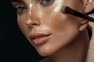 Portrait of woman applying cosmetic tonal foundation on the face, a Beauty & Fashion Photo by AlyaAnd
