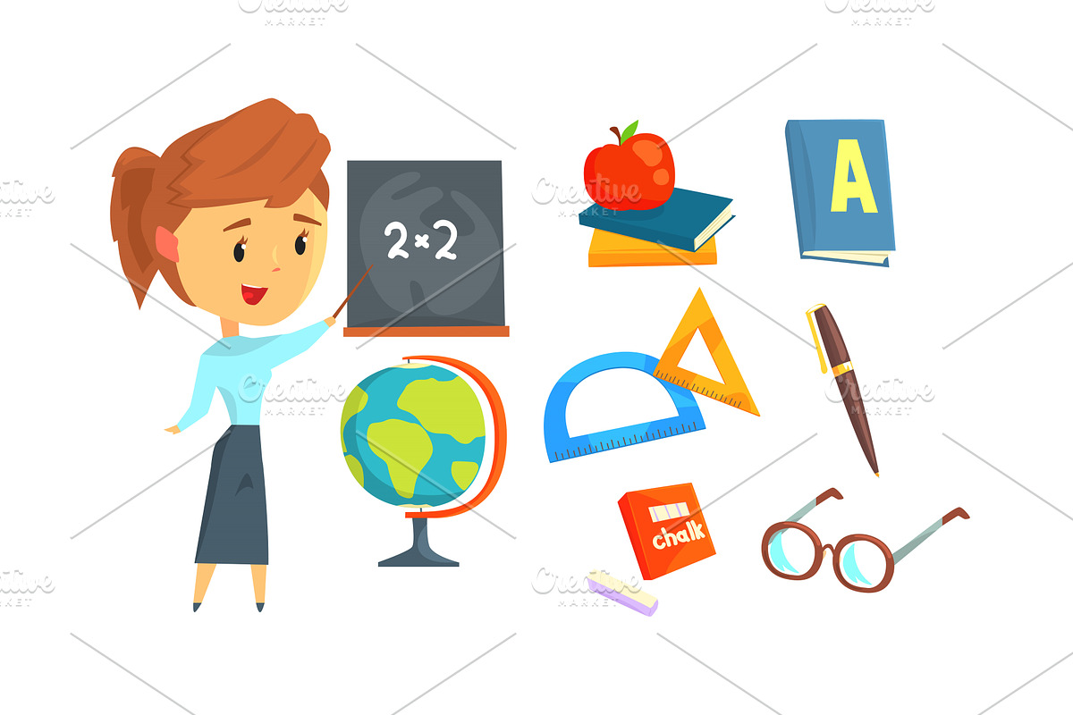 School Supplies Vector Set and Math, a Person Illustration by TopVectors