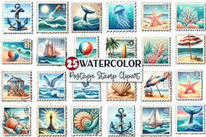 Summer Coastal Postage Stamp Clipart, an Illustration by Rose Art