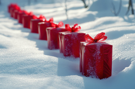 Red wrapped gifts adorned with ribbo, a Photo by Tanuart
