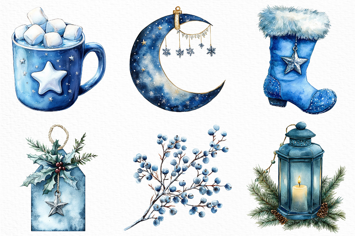 Watercolor Blue Christmas Clipart, an Illustration by Craft Nest (Photo 3 of 6)