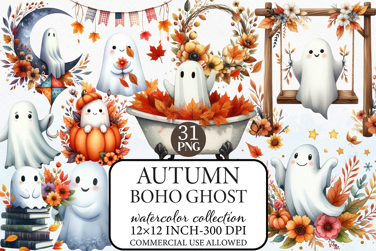 Watercolor Autumn Boho Ghost Clipart, an Illustration by Libby Wishes (Photo 1 of 6)