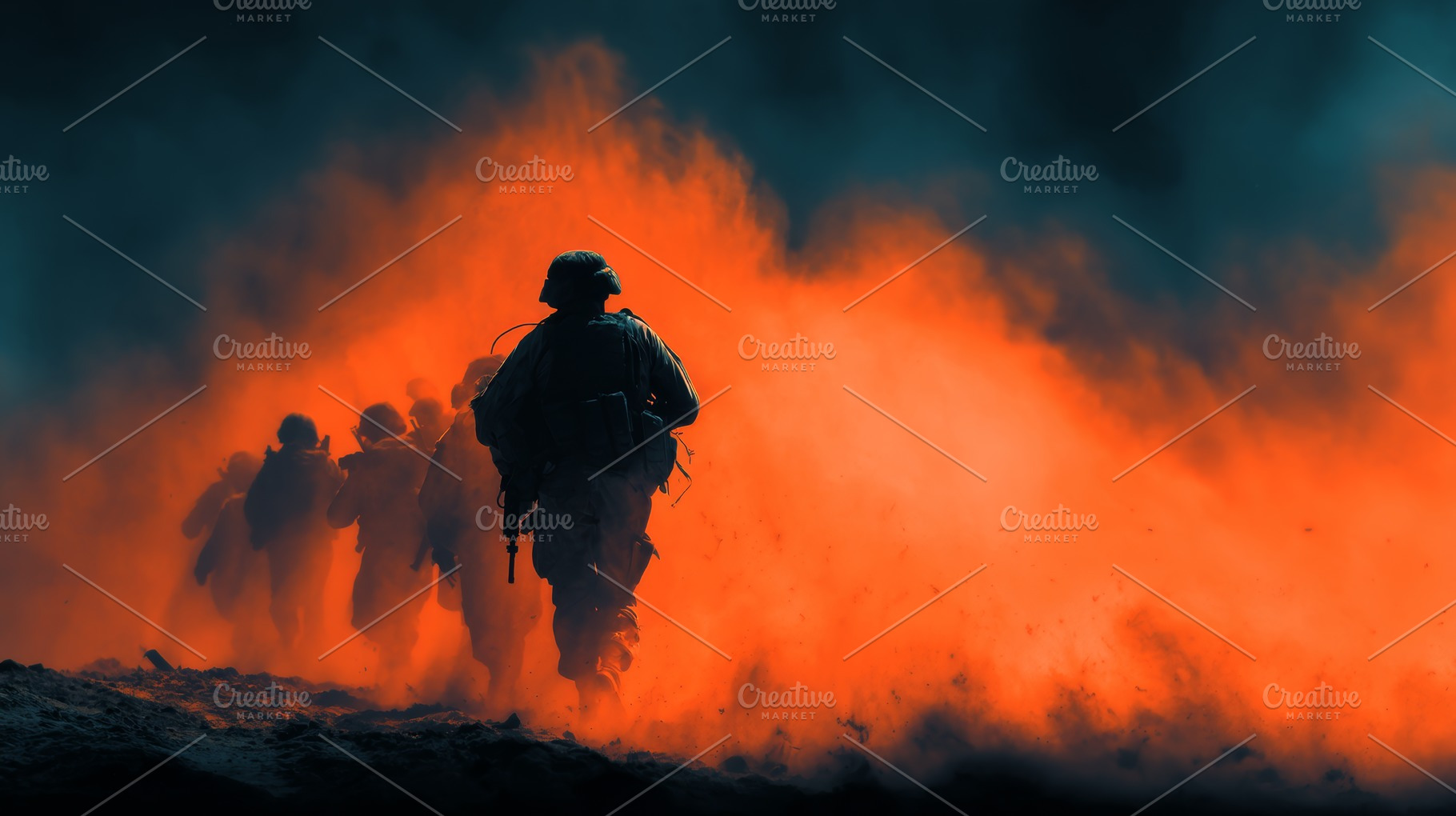 Soldiers advancing through orange smoke and dust during a dramatic battlefield, a Photo by AS photostudio