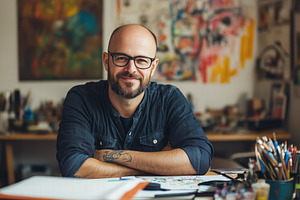 A smiling man designer with glasses and a beard sits at a desk filled with art, a Person Photo by Textures & Backgrounds