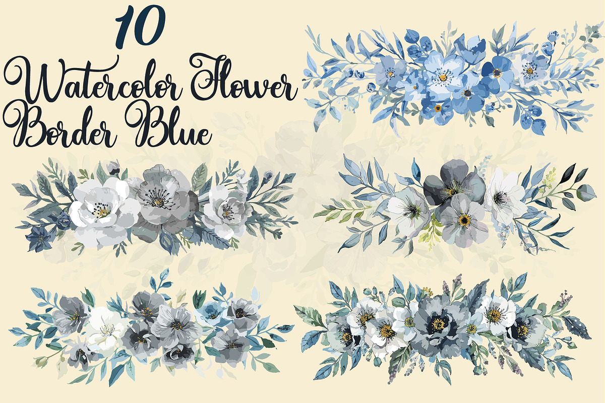Blue Watercolor Floral Set, an Illustration by balal (Photo 1 of 11)