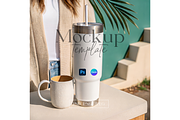 Travel Tumbler & Mug Scene PSD, a Product Mockup by MockupWizard (Thumbnail 1 of 5)