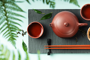 Modern Asian Tea Ceremony Banner with Red Teapot and Cups, a Food & Drink Photo by Natalia Klenova's Shop