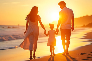 Happy family walking hand in hand on, a Photo by LOGOCREATIVE