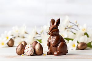 Sweet chocolate rabbit and easter eggs on wooden background, a Holiday Photo by AlyaAnd