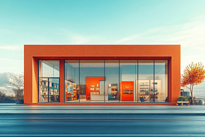 Modern orange building with large wi, a Photo by Tanuart