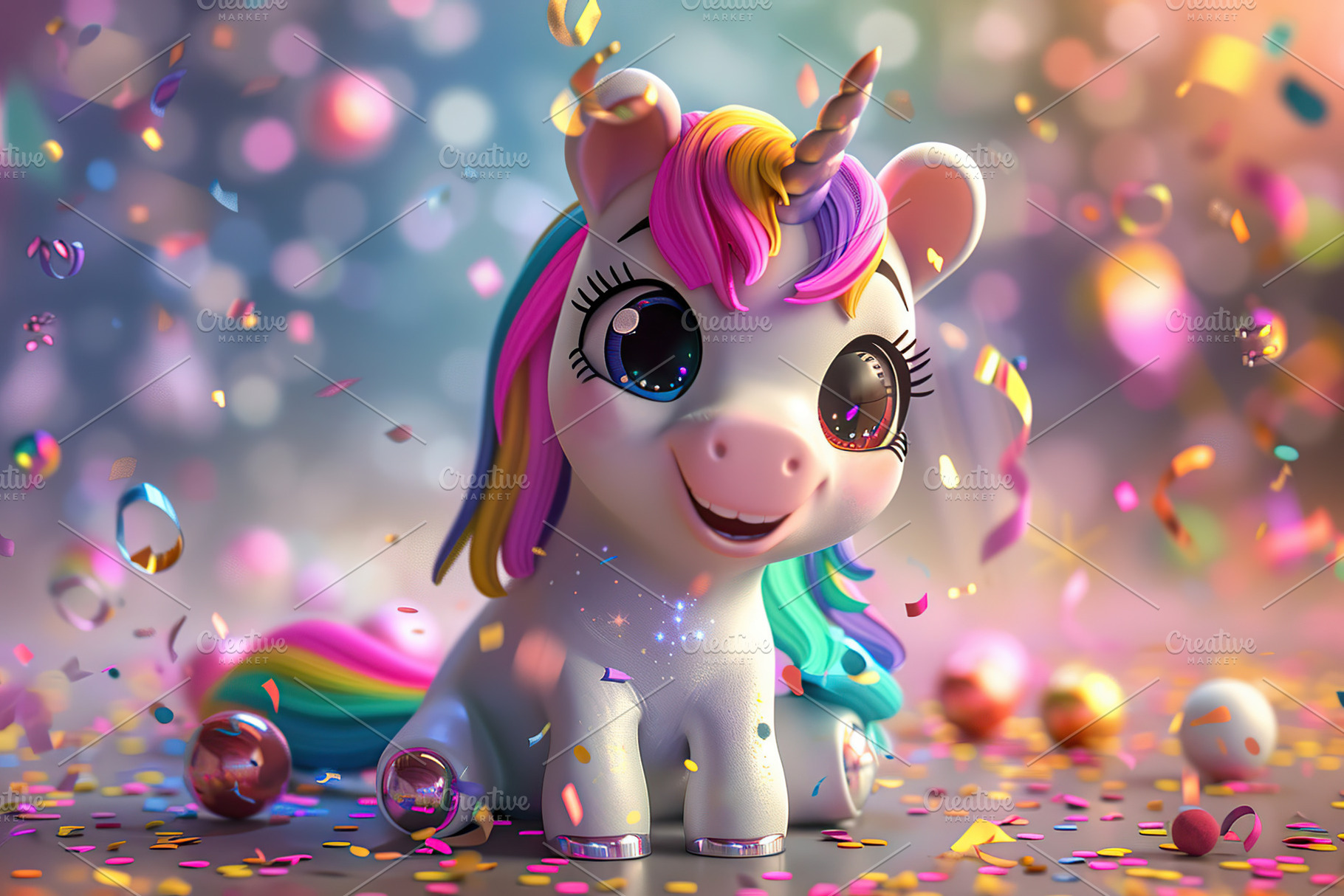Illustration of cute baby unicorn on blurred lights background, an Animal Photo by AlyaAnd