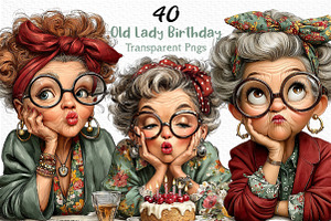 Whimsical Old Lady Birthday Clipart, an Illustration by Craft Nest