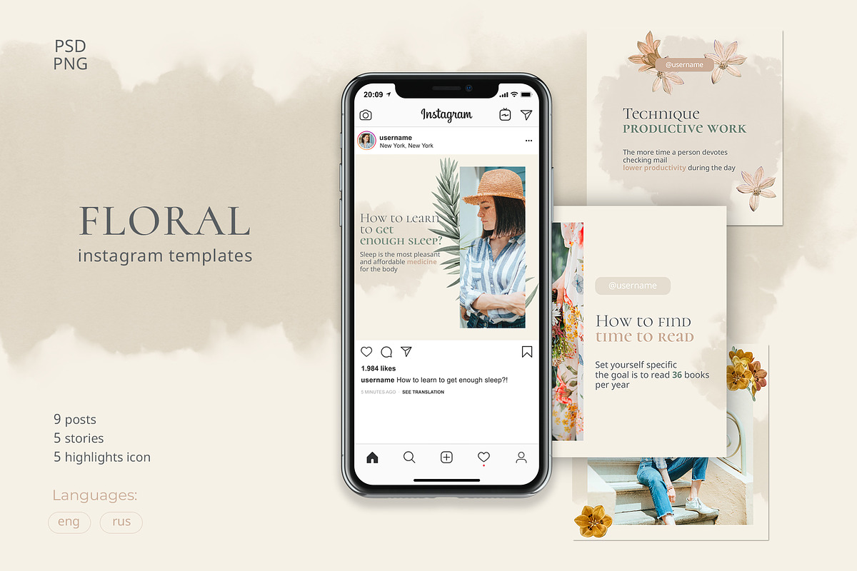 FLORAL Instagram Templates, a Social Media Template by Olg Store (Photo 1 of 4)