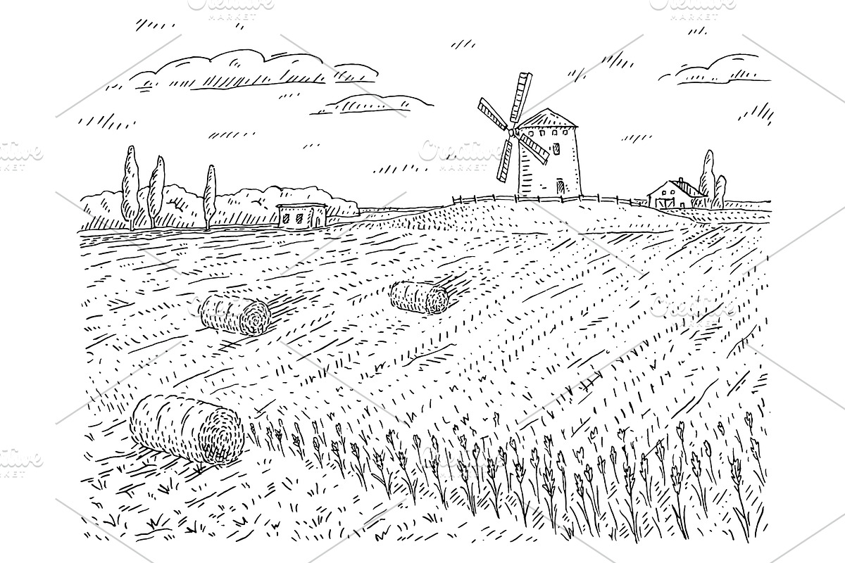 Windmill on wheat field. Vintage, an Object Illustration by MoreVector