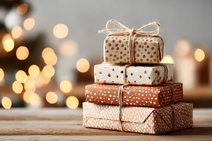 Stack of beautifully wrapped holiday gifts, a Holiday Photo by AlyaAnd