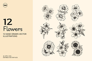 12 Hand Drawn Flowers Illustration