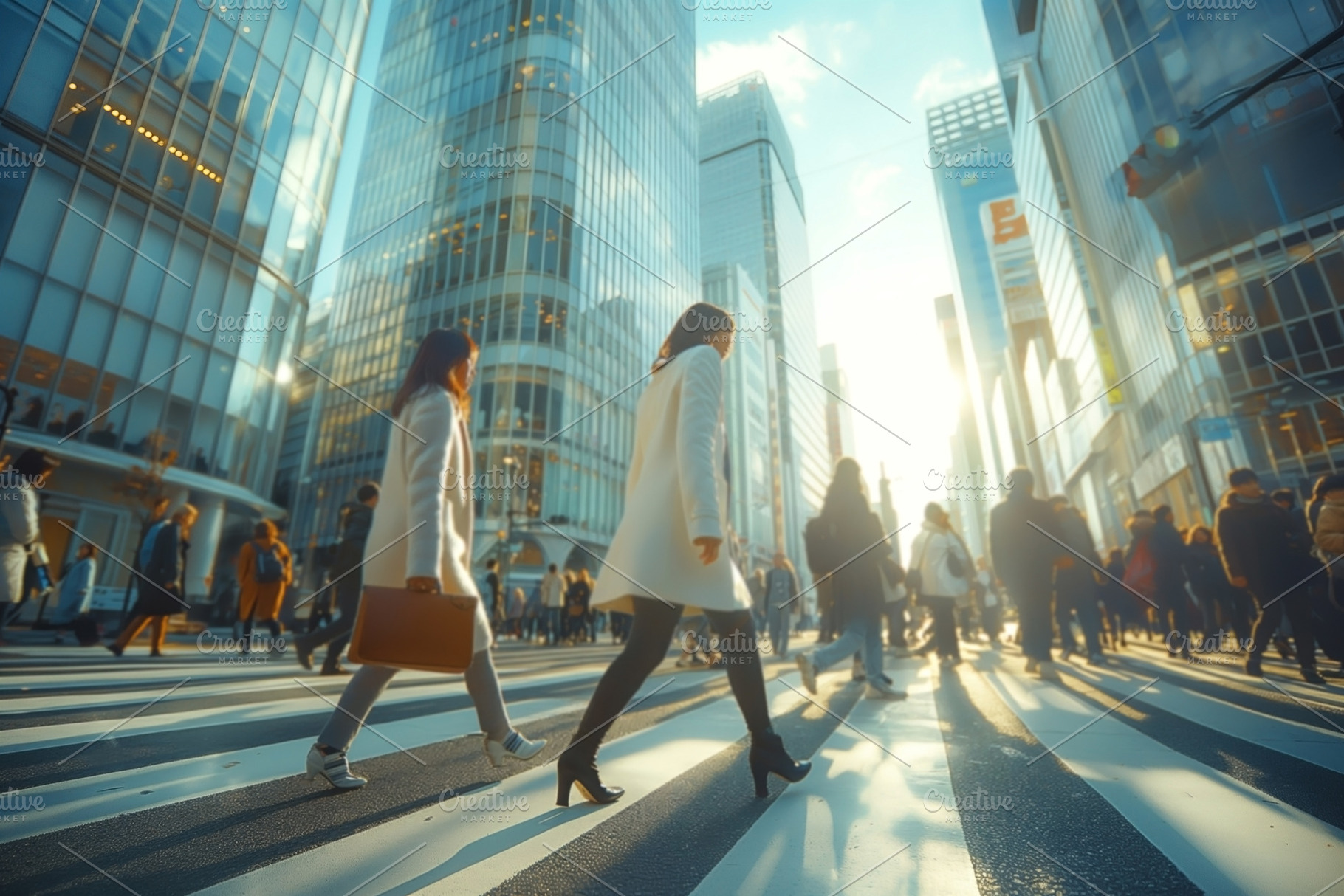 Two women in elegant coats walk confidently across a bustling ci, a Person Photo by ImageMir