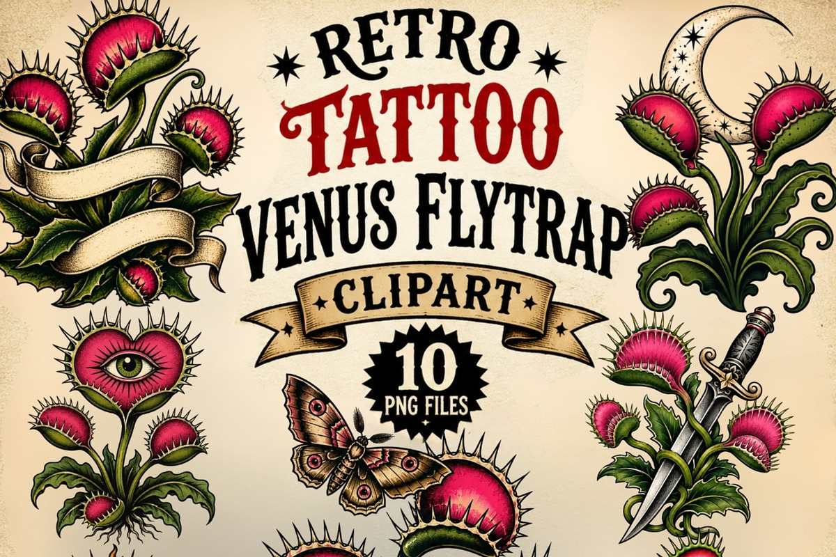 Retro Tattoo Venus Flytrap Clipart, a Seasonal Illustration by Tanya Kart (Photo 1 of 8)