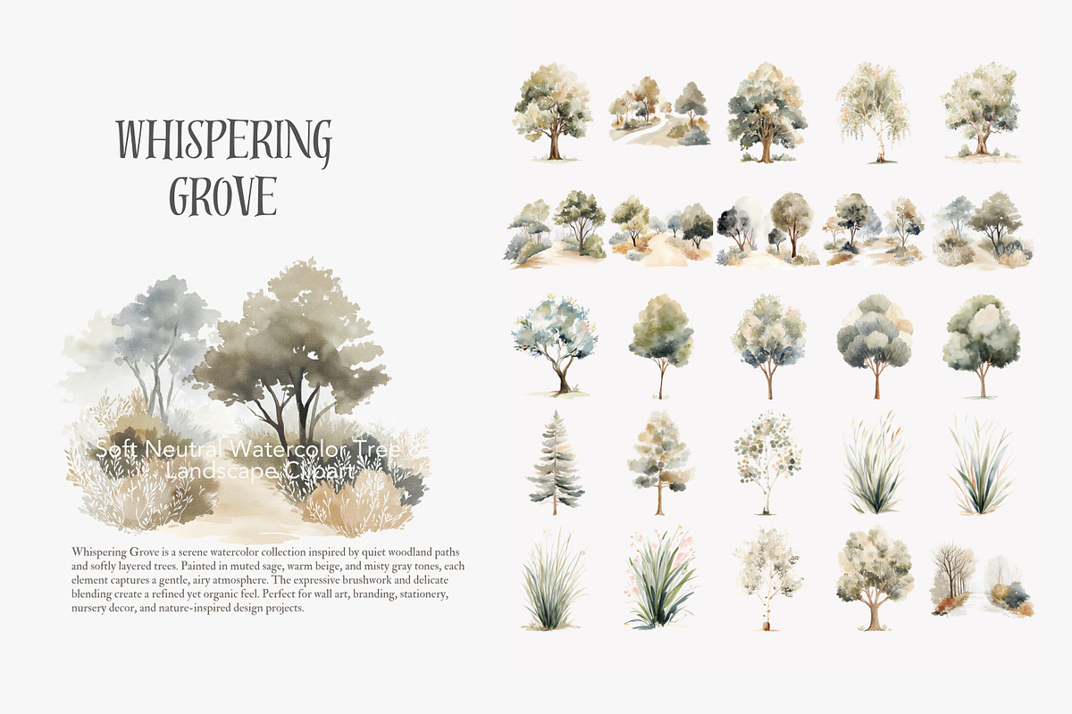 Neutral watercolor tree clipart set, a Decorative Illustration by Patishop Art (Photo 3 of 8)
