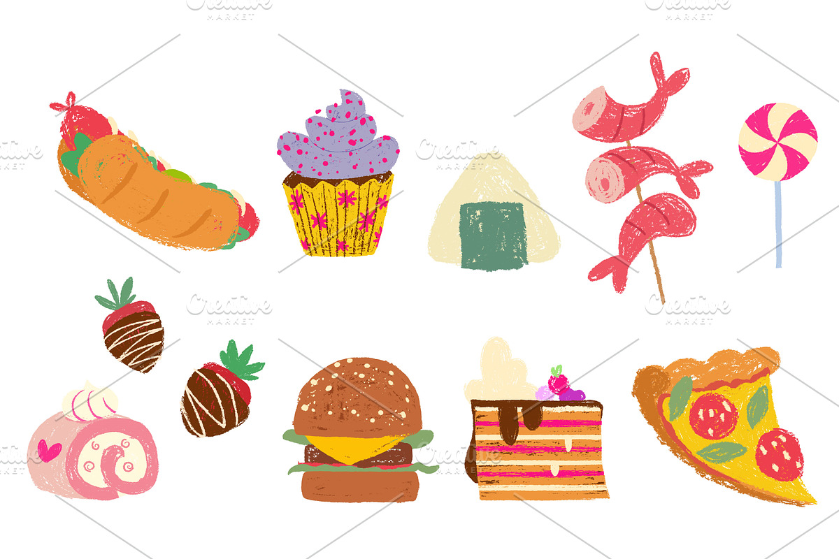 Crayon fast food and sweets set, a Food Illustration by art PVP - market