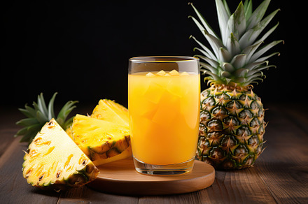 Sliced pineapples and glass of juice on wooden background, a Food & Drink Photo by AlyaAnd