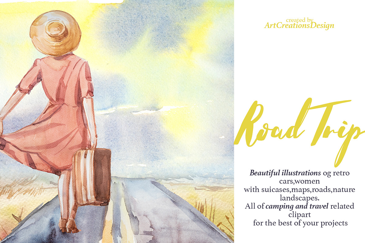 Watercolor Road Trip Clipart Set, a Person Illustration by ArtCreationsDesign (Photo 15 of 19)