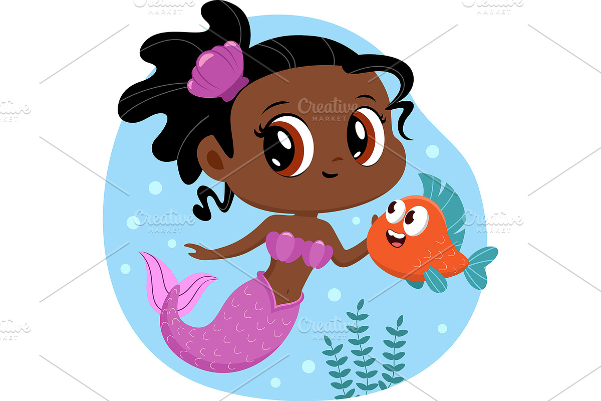 Little Afro American Mermaid Girl, an Illustration by HitToon