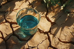 Water glass contrasts cracked soil, a Photo by Pavel_design
