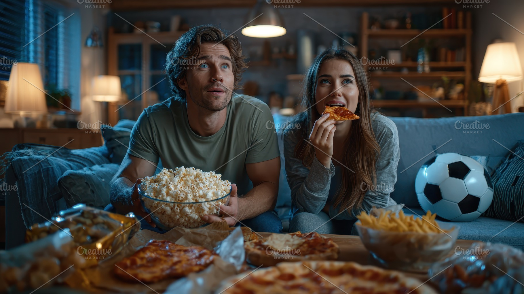 Couple enjoying pizza popcorn and so, a Photo by Pixeness Studio