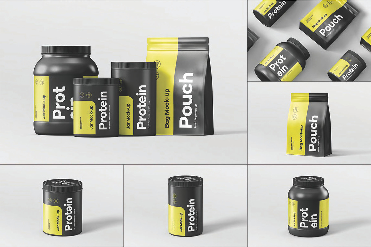 Protein Pouch & Jar Pack Mockup, a Packaging Mockup by DesignRushMarket (Photo 1 of 8)
