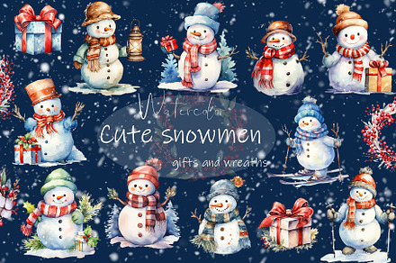 Watercolor christmas snowman, winter