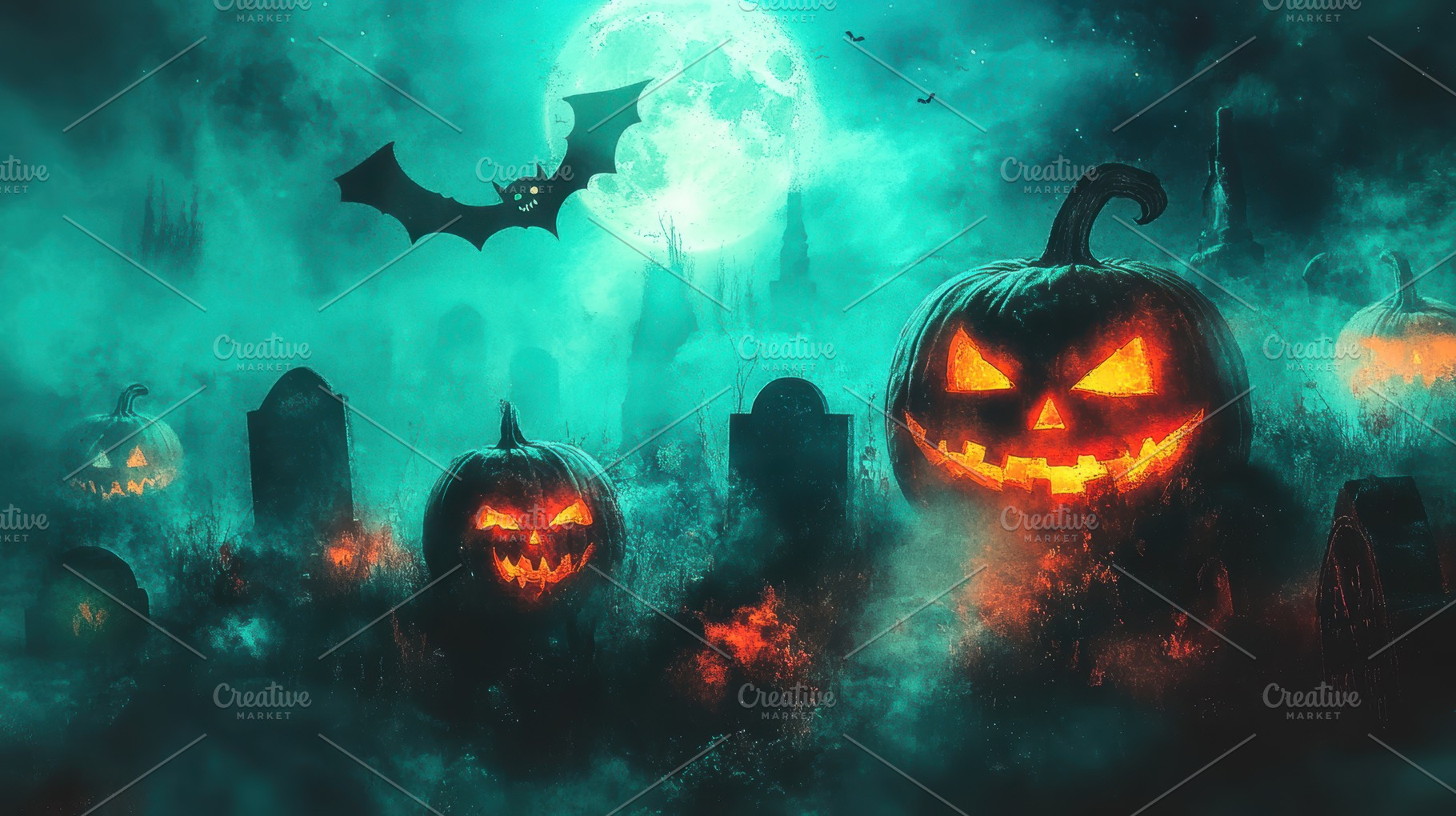 A spooky graveyard scene with glowing jack-o'-lanterns scattered among old tomb, a Holiday Photo by Mashimara